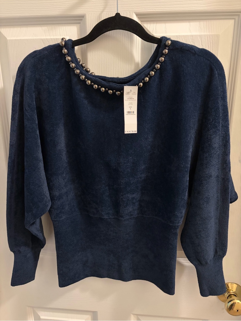 White House Black Market Navy Bead Embellished Pullover Sweater